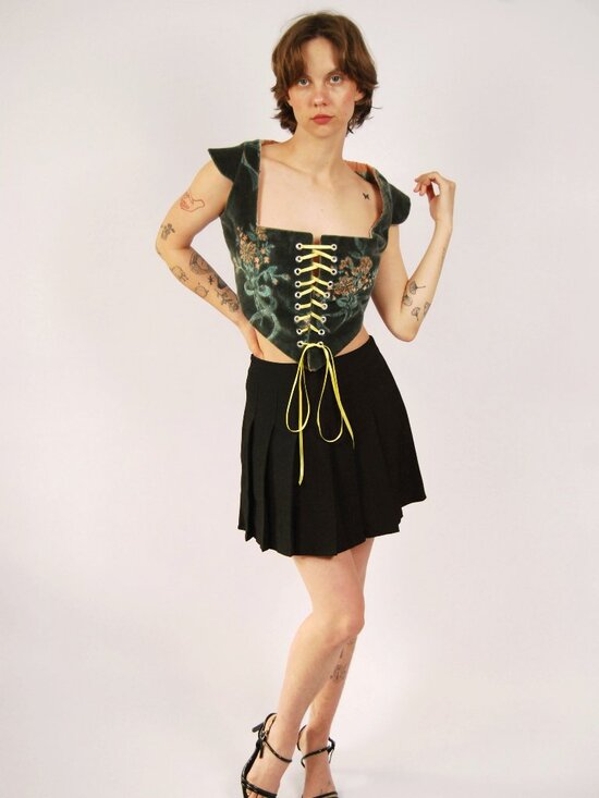 Tops - 60s Queen Anne Velvet Corset (M) medium green vintage top regency renaissance